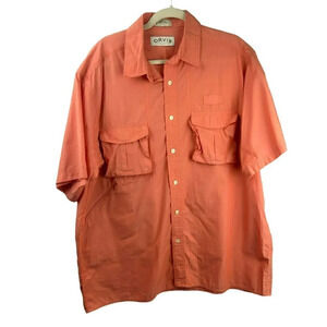 Orvis Fly Fishing Shirt Men Large Short Sleeves Button Down Pockets Orange Coral